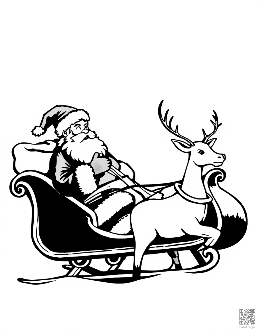 Santa Claus in his sleigh with reindeer coloring page Woodcut style - free printable