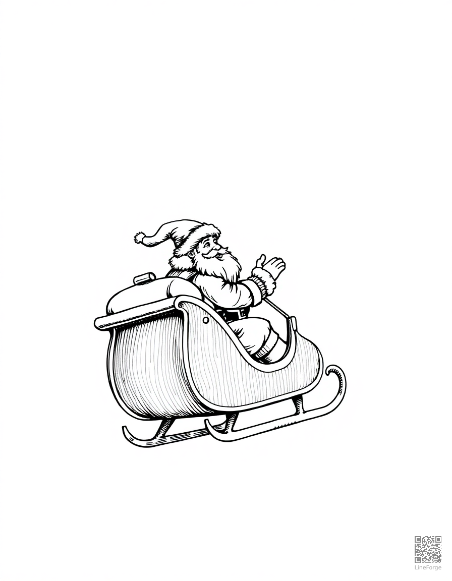 santa claus riding his sleigh through the sky coloring page Crosshatch style - free printable