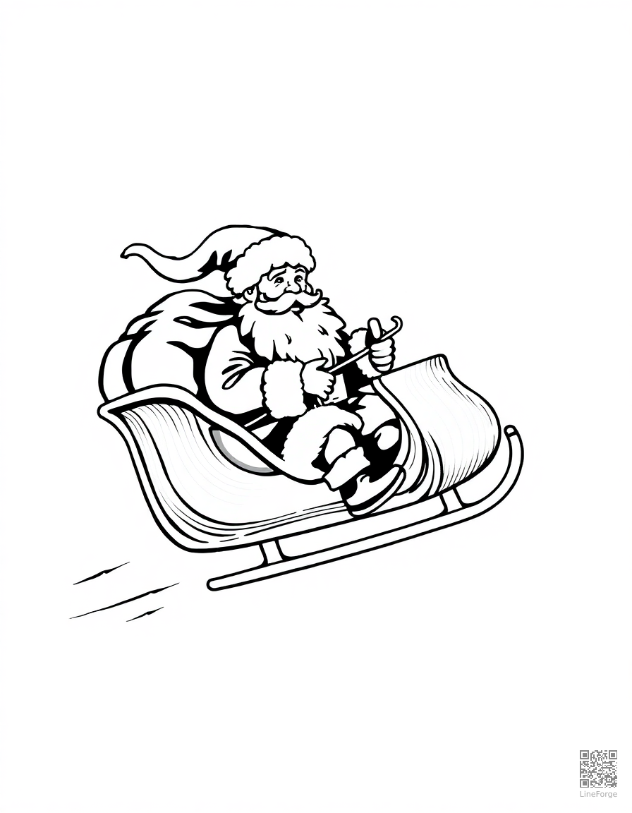 santa claus riding his sleigh through the sky coloring page Woodcut style - free printable