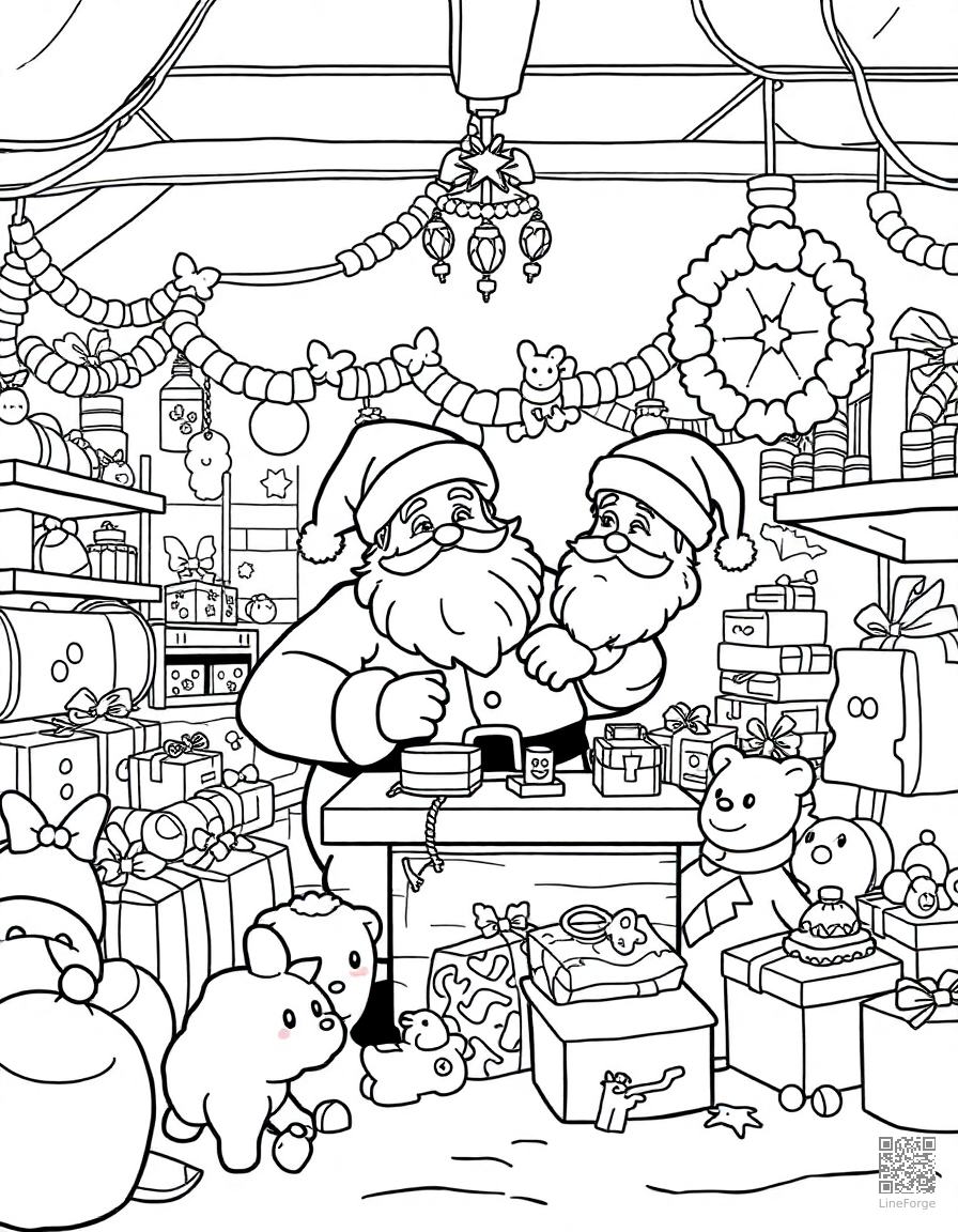 santas workshop full of toys coloring page Contour style - free printable