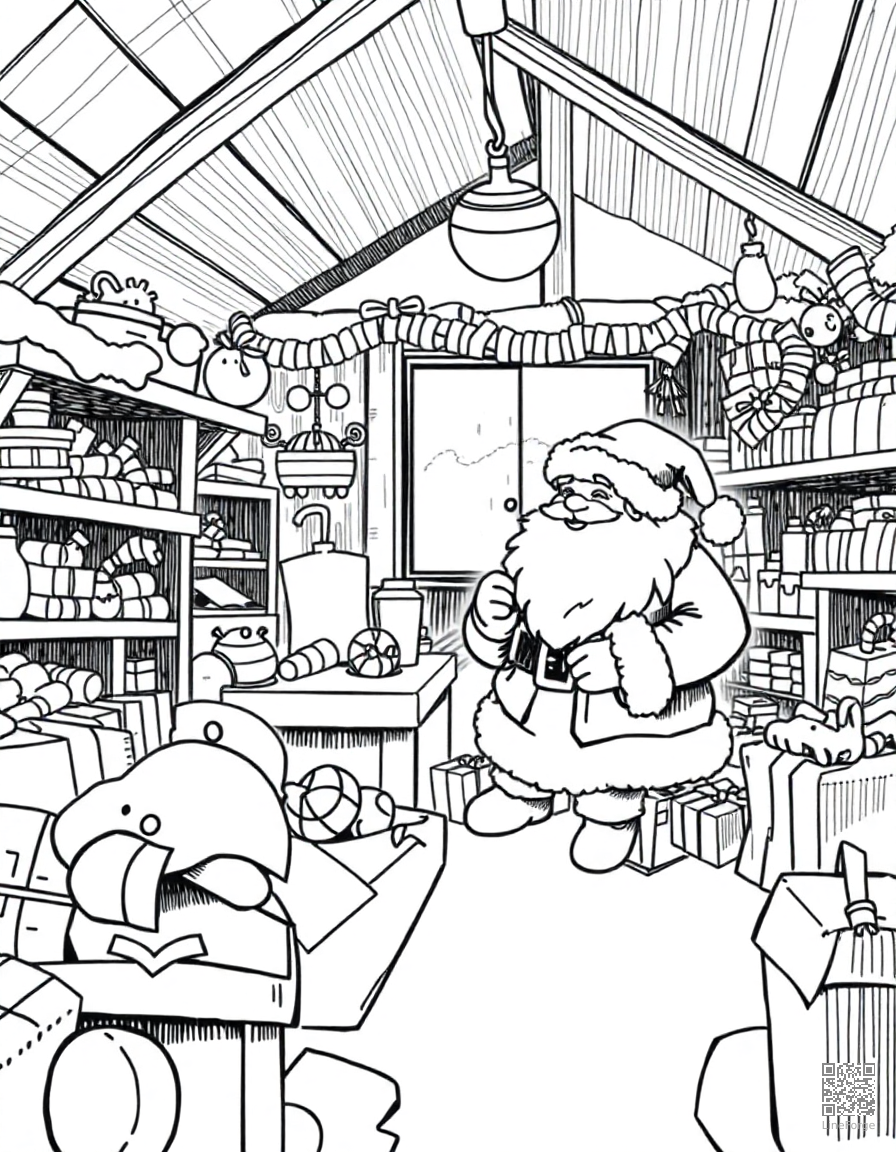 santas workshop full of toys coloring page Crosshatch style - free printable