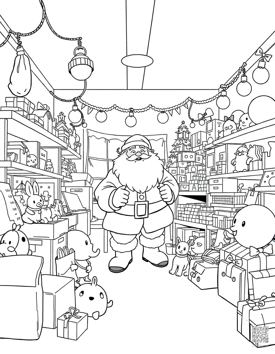santas workshop full of toys coloring page Manga style - free printable
