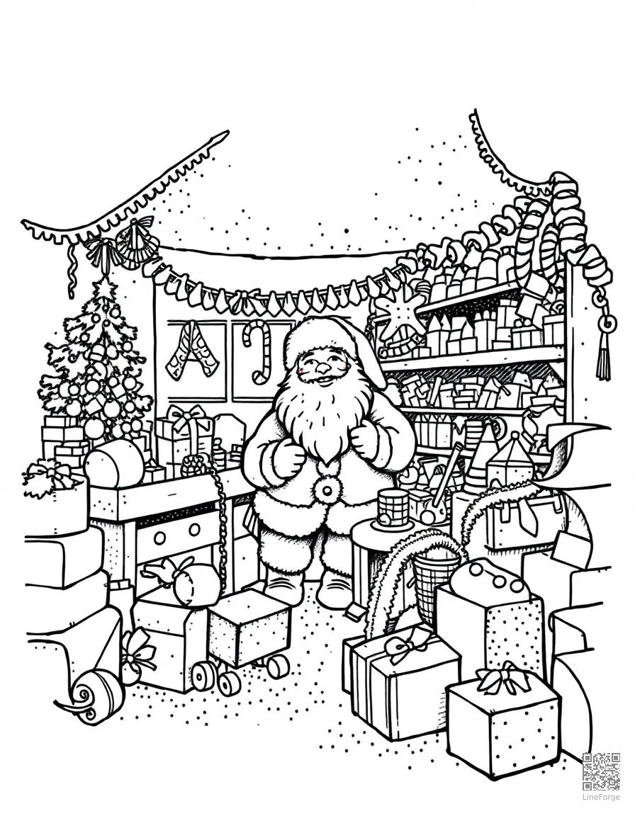 santas workshop full of toys coloring page Stipple style - free printable