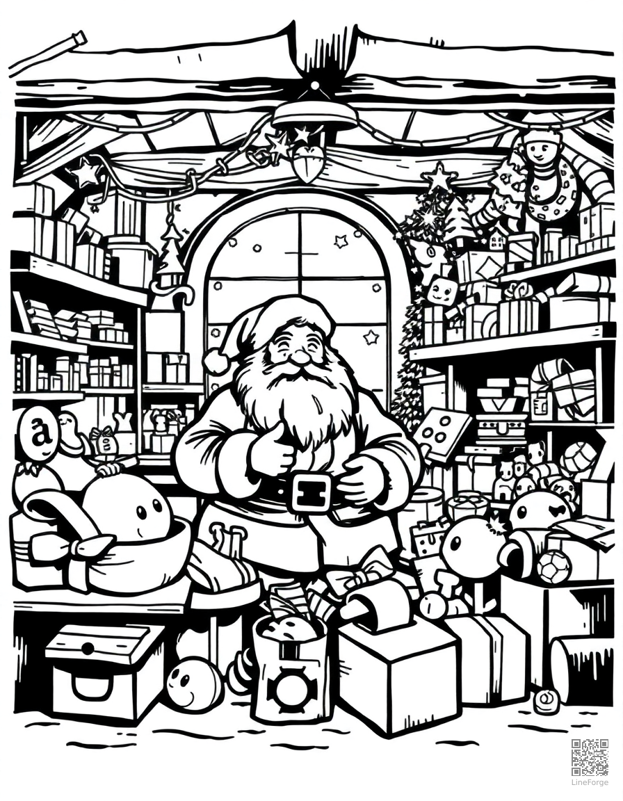 santas workshop full of toys coloring page Woodcut style - free printable