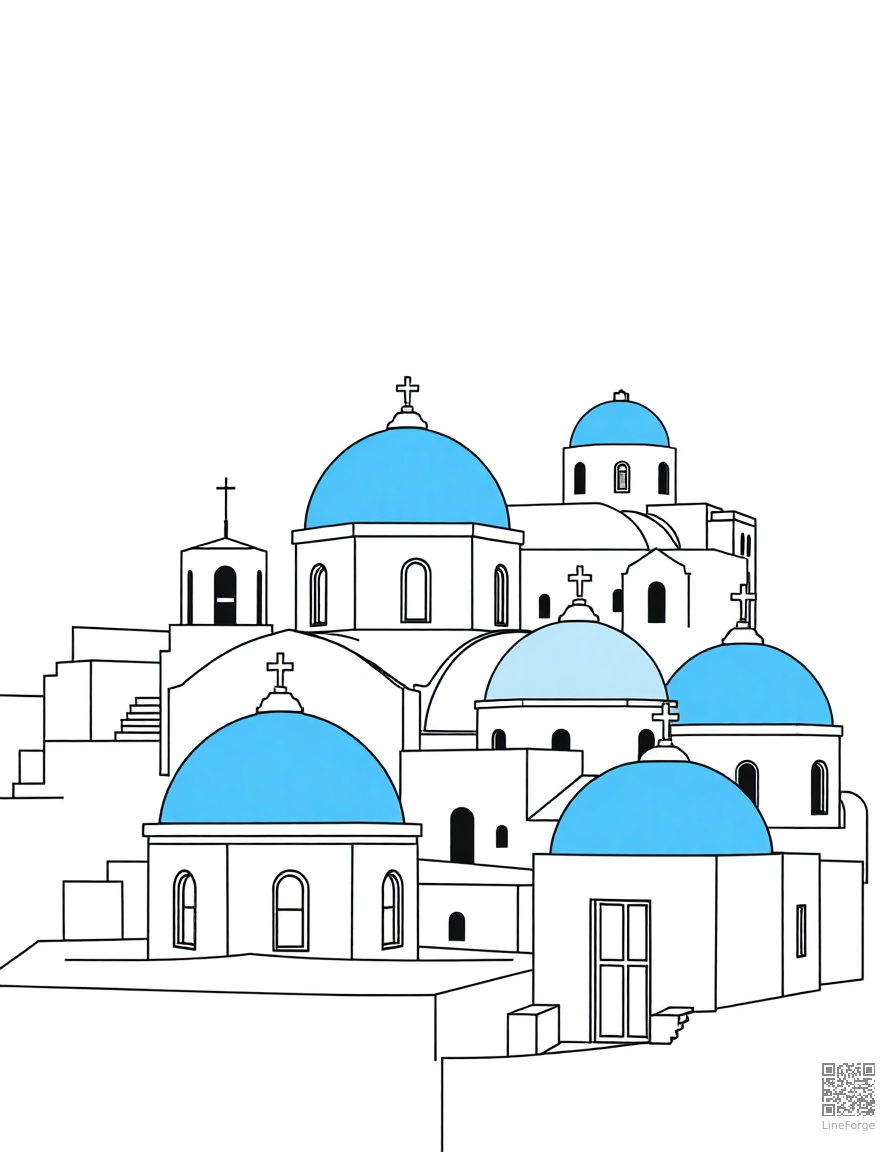 santorini white buildings with blue domes coloring page Contour style - free printable