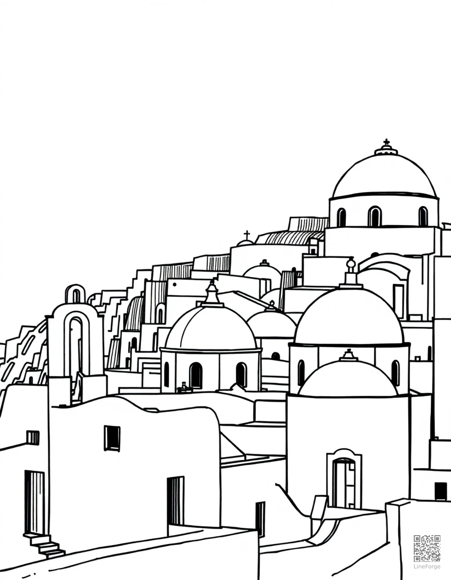 santorini white buildings with blue domes coloring page Crosshatch style - free printable