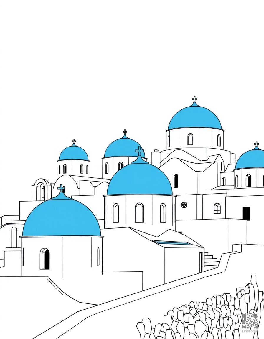 santorini white buildings with blue domes coloring page Manga style - free printable