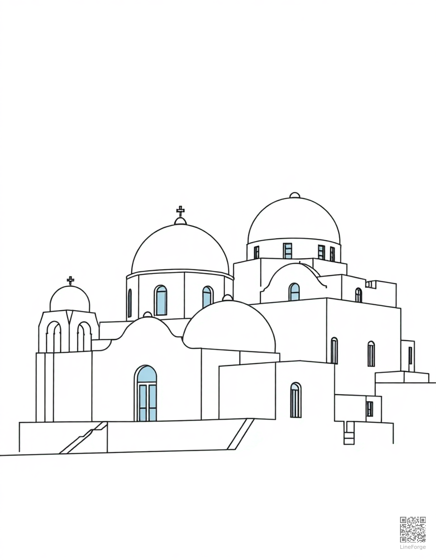 santorini white buildings with blue domes coloring page Minimal style - free printable