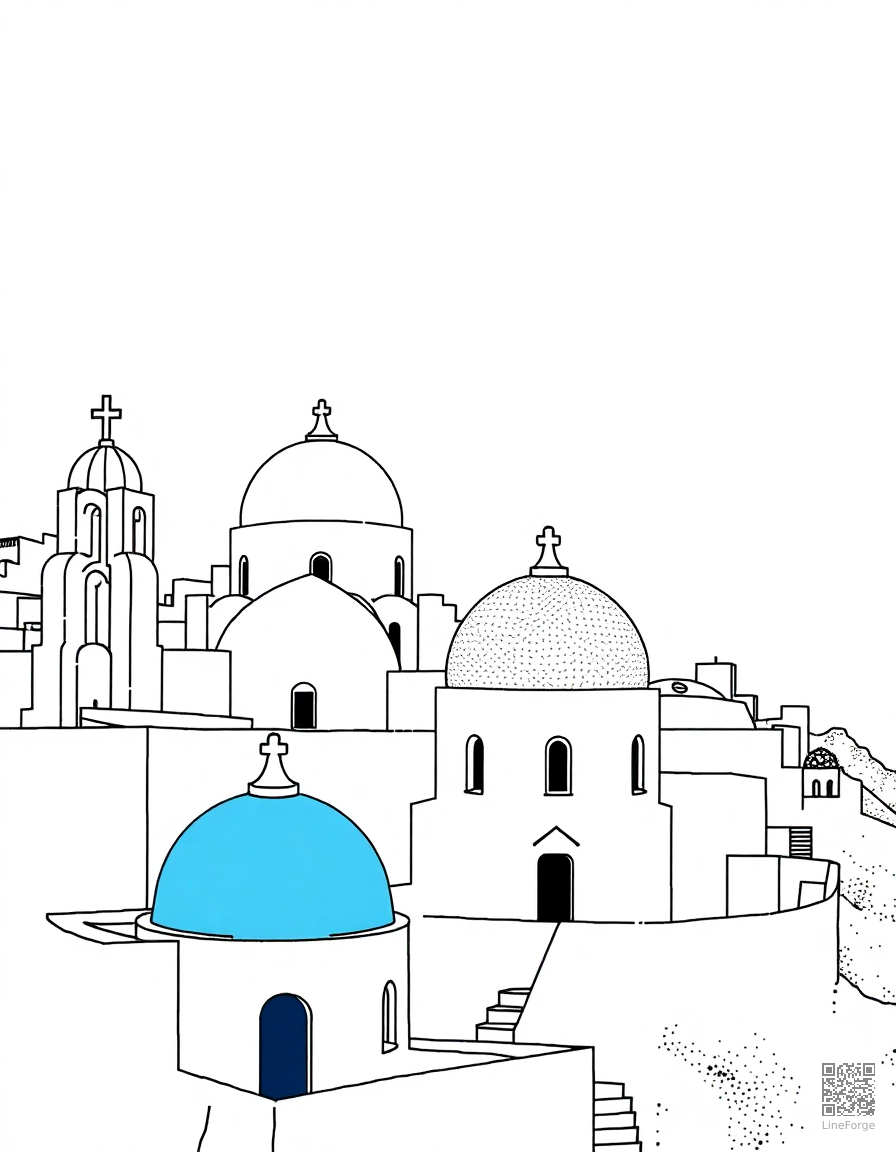 santorini white buildings with blue domes coloring page Stipple style - free printable