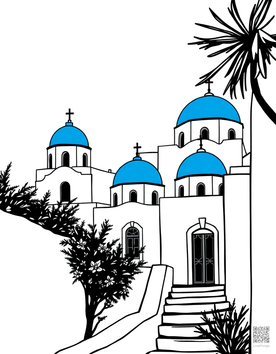 santorini white buildings with blue domes coloring page Woodcut style - free printable