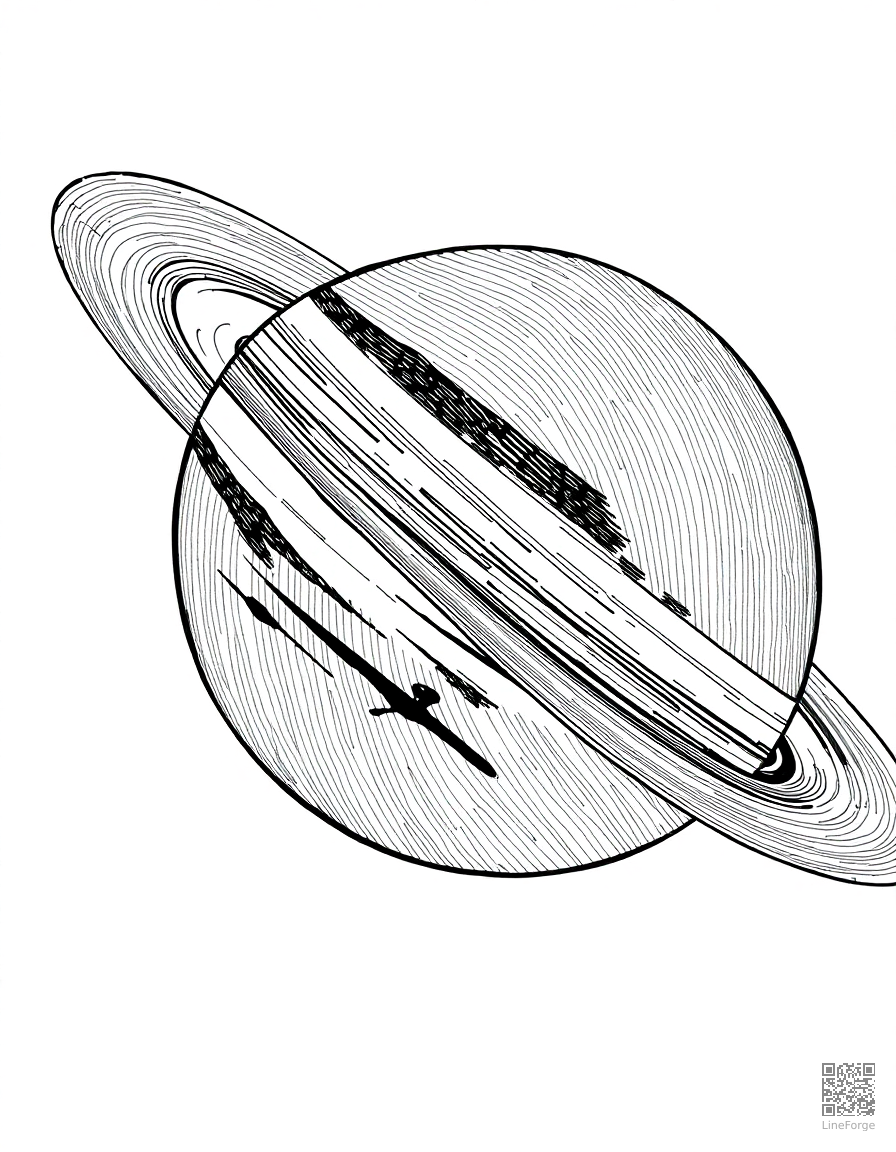 Saturn with its rings up close coloring page Crosshatch style - free printable