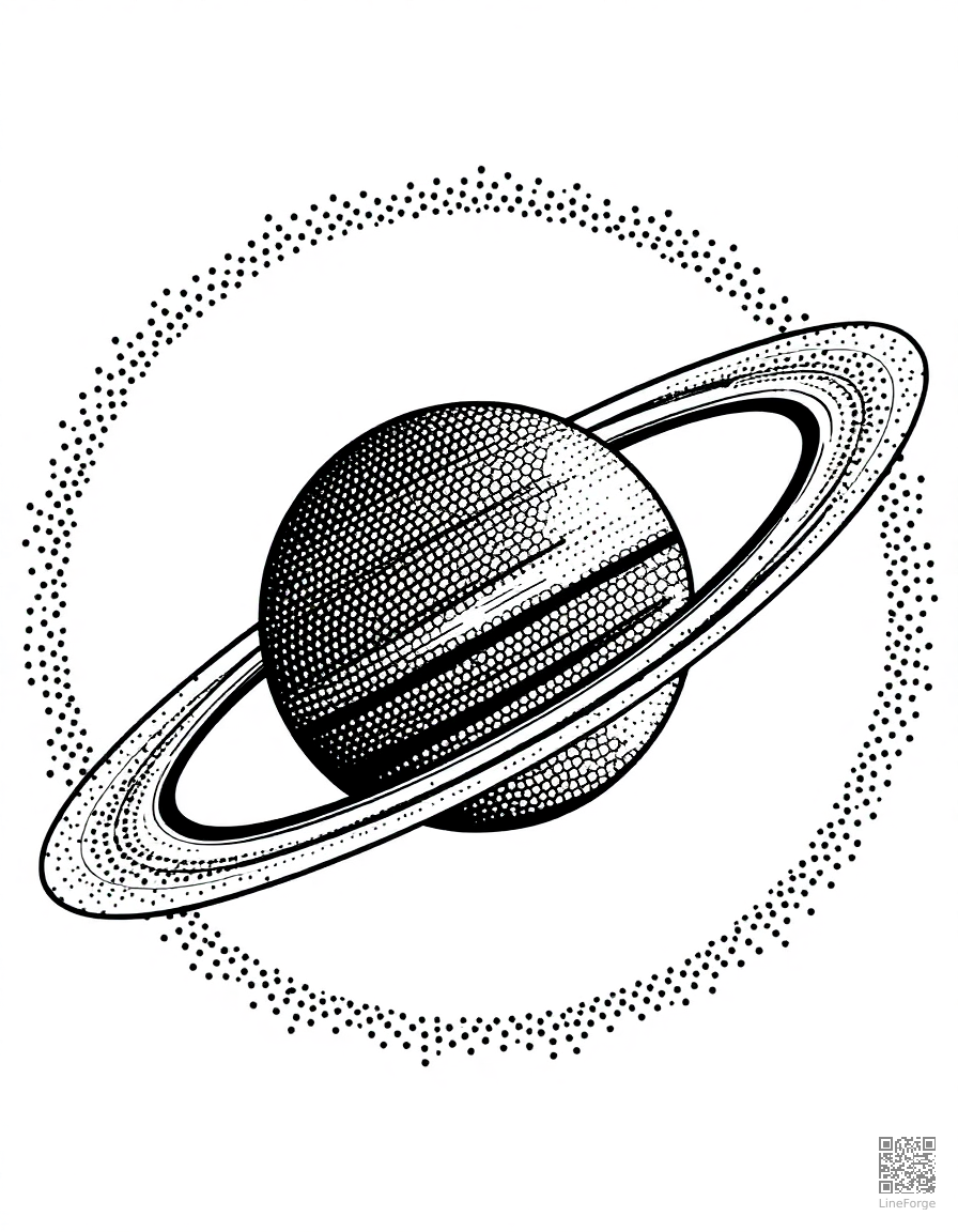 Saturn with its rings up close coloring page Stipple style - free printable