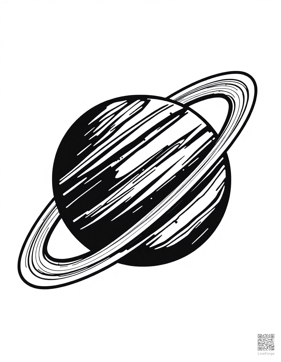 Saturn with its rings up close coloring page Woodcut style - free printable