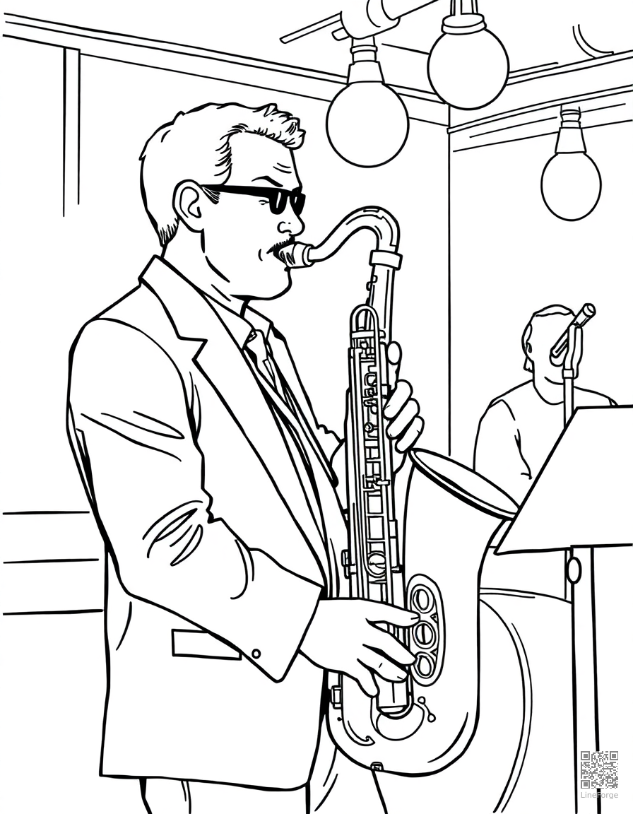 saxophone player in a jazz club coloring page Contour style - free printable