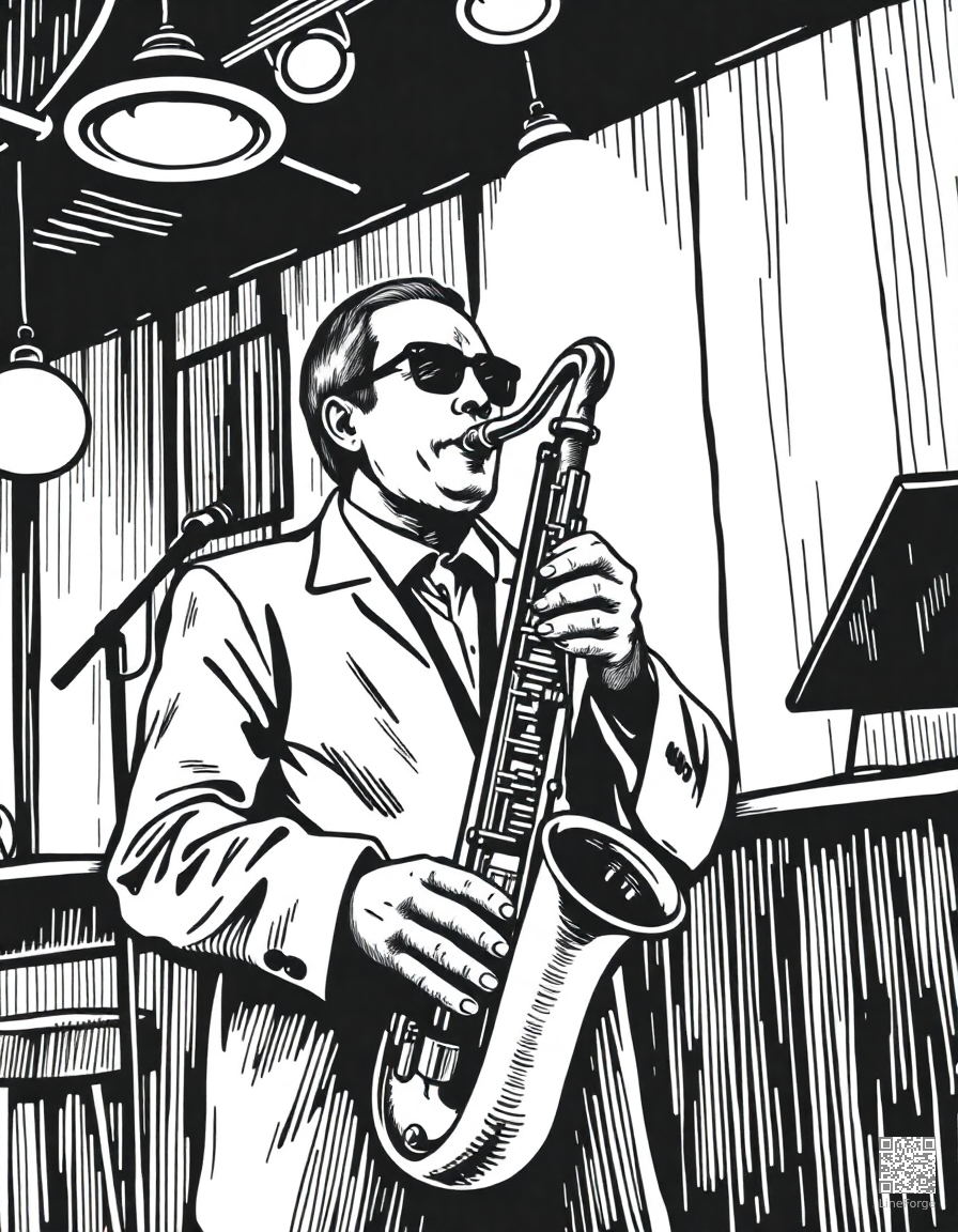 saxophone player in a jazz club coloring page Crosshatch style - free printable