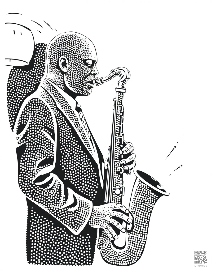 saxophone player in a jazz club coloring page Stipple style - free printable