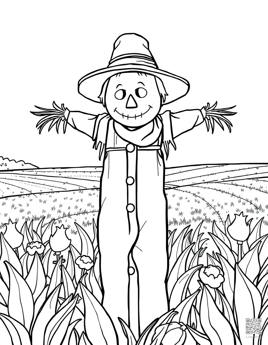 scarecrow in a autumn farm field coloring page Contour style - free printable