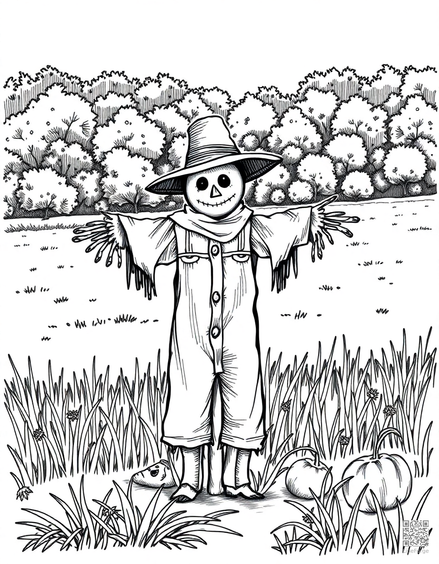 scarecrow in a autumn farm field coloring page Crosshatch style - free printable