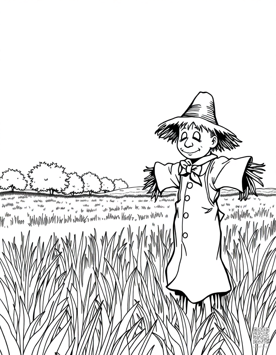 scarecrow in a autumn farm field coloring page Manga style - free printable