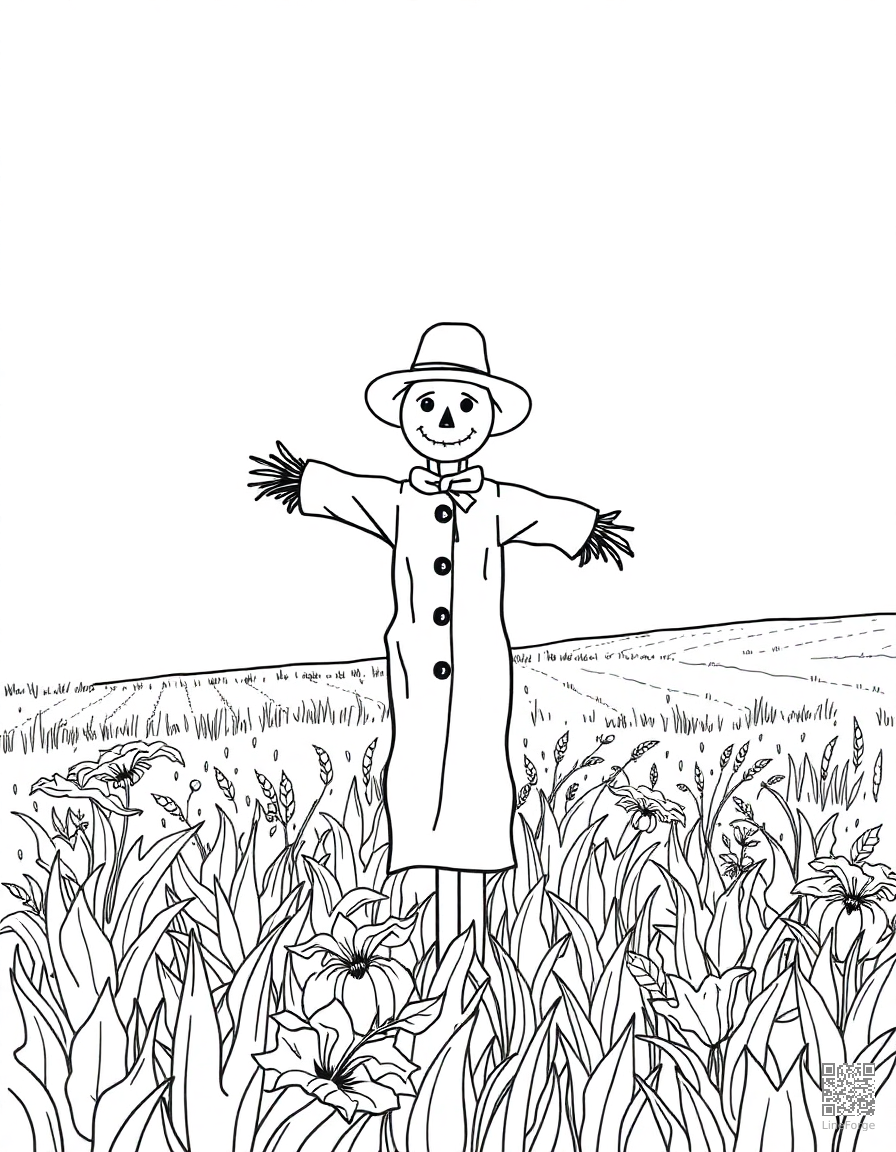 scarecrow in a autumn farm field coloring page Minimal style - free printable