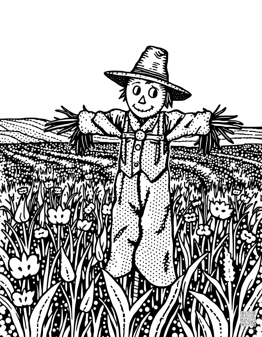 scarecrow in a autumn farm field coloring page Stipple style - free printable