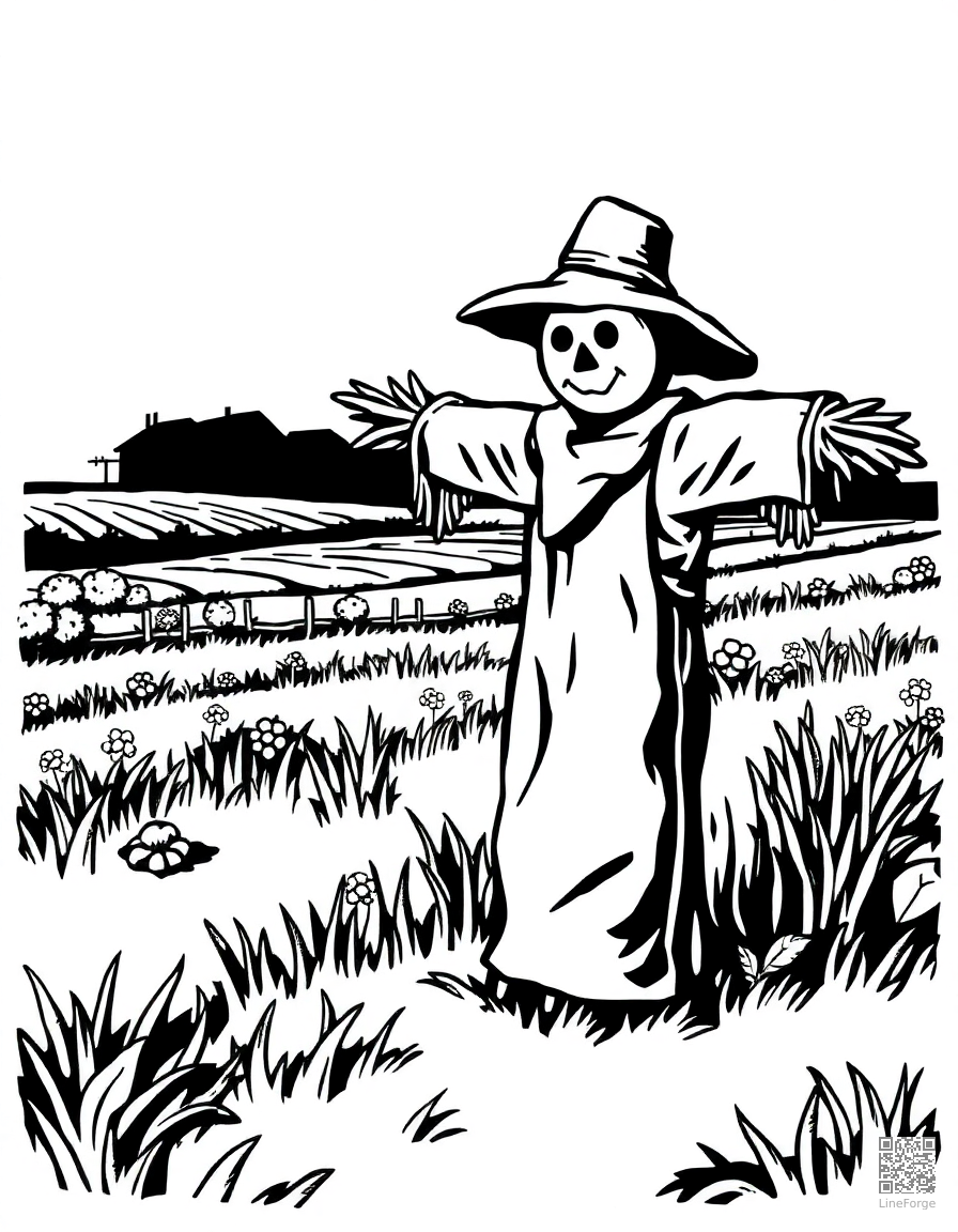 scarecrow in a autumn farm field coloring page Woodcut style - free printable