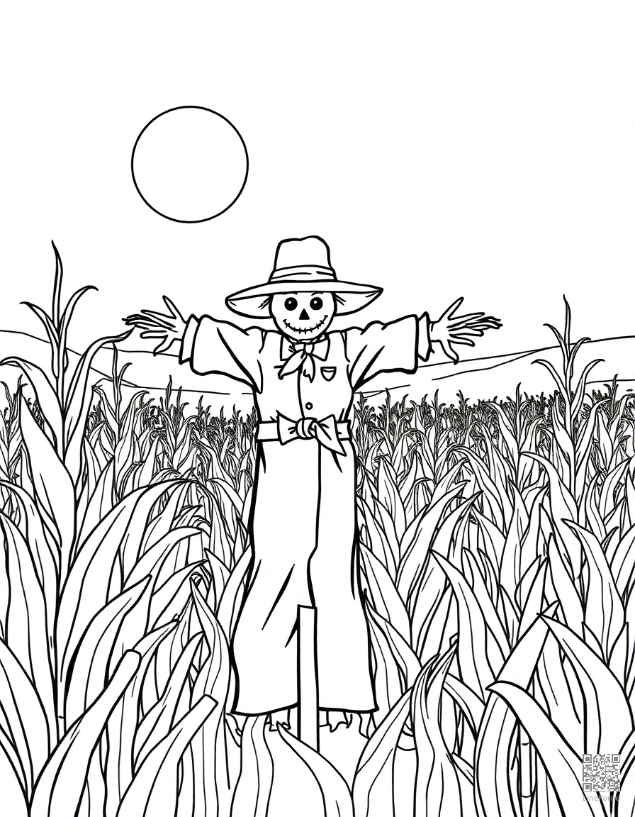 scarecrow in a moonlit cornfield coloring page Contour style - free printable
