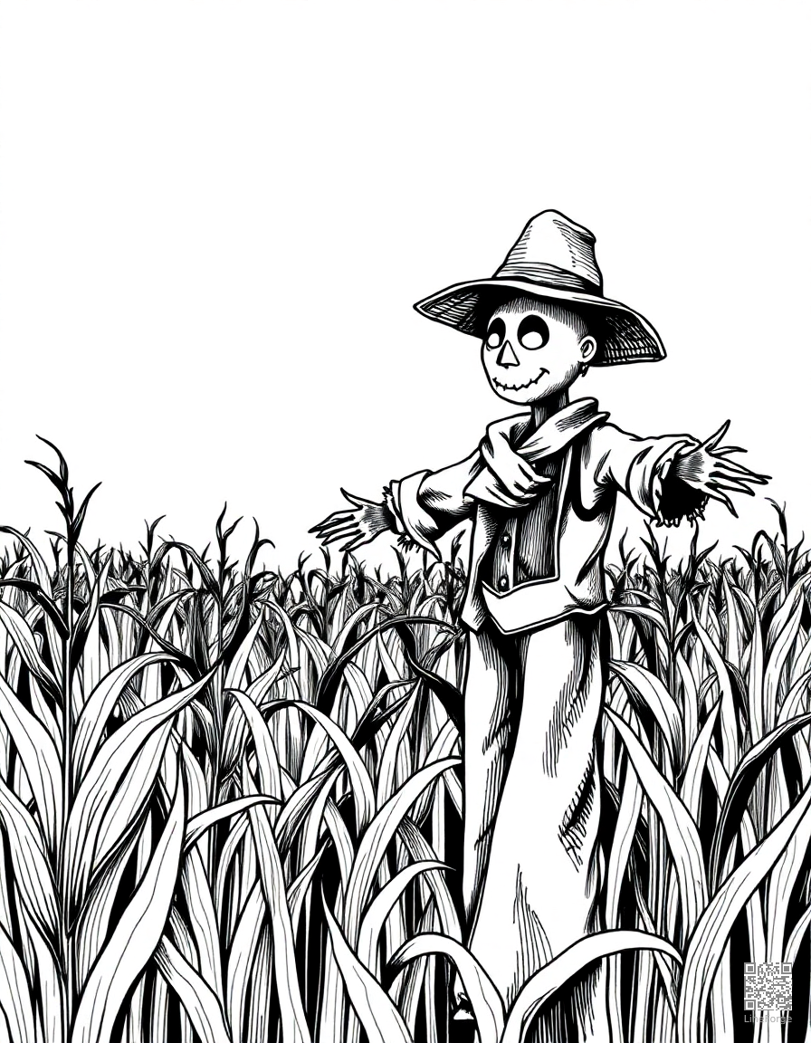 scarecrow in a moonlit cornfield coloring page Crosshatch style - free printable