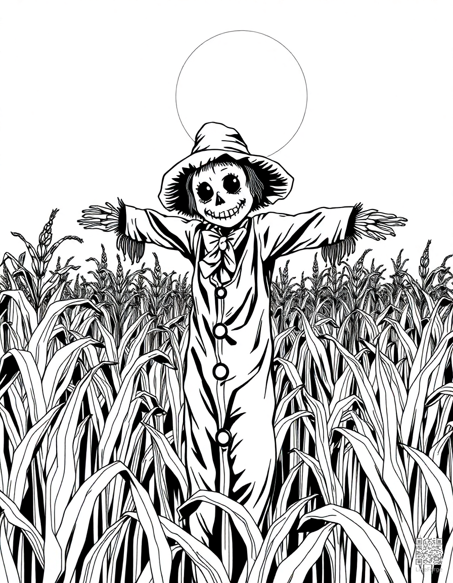 scarecrow in a moonlit cornfield coloring page Manga style - free printable