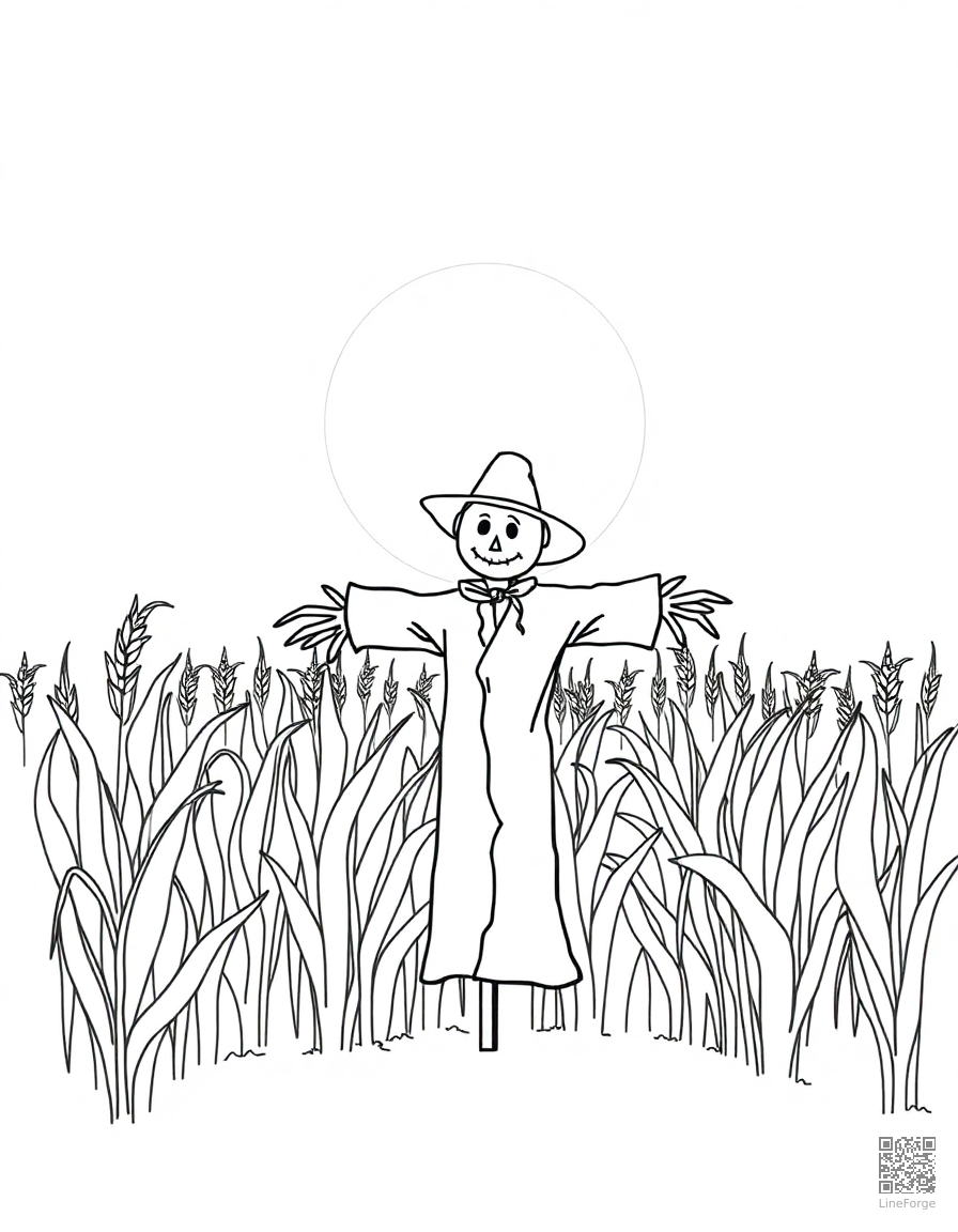 scarecrow in a moonlit cornfield coloring page Minimal style - free printable