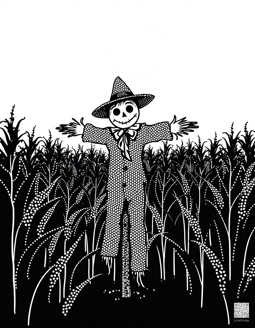 scarecrow in a moonlit cornfield coloring page Stipple style - free printable