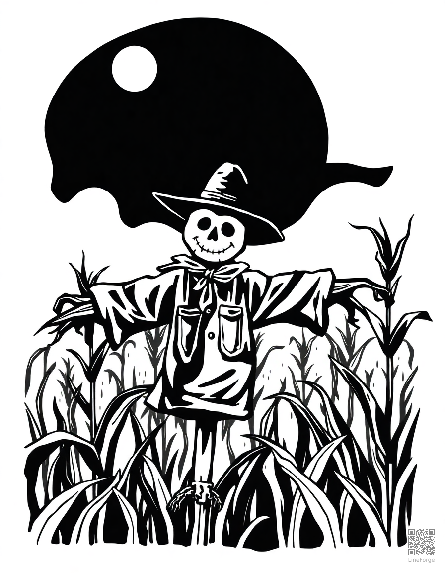 scarecrow in a moonlit cornfield coloring page Woodcut style - free printable
