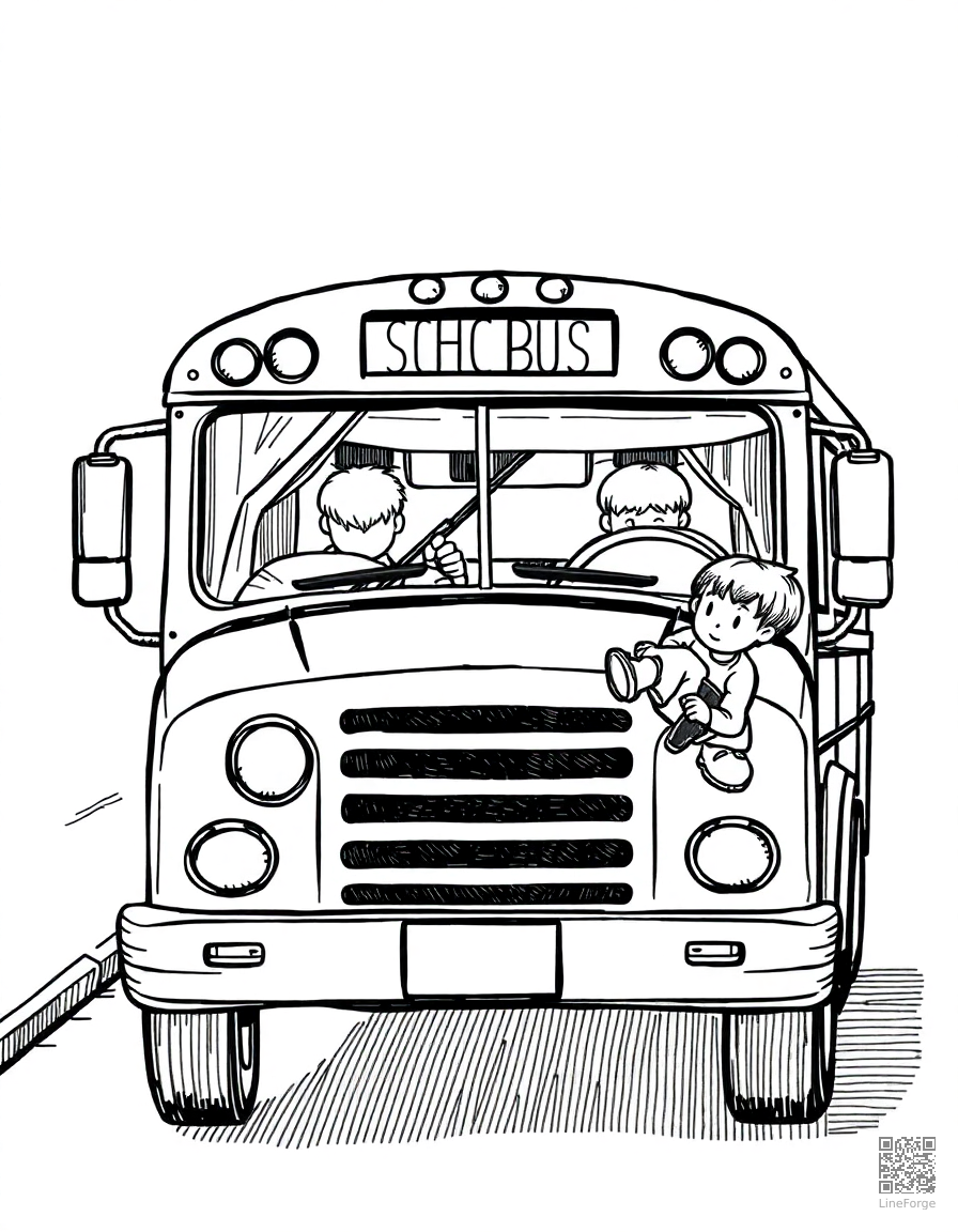 school bus picking up children coloring page Crosshatch style - free printable