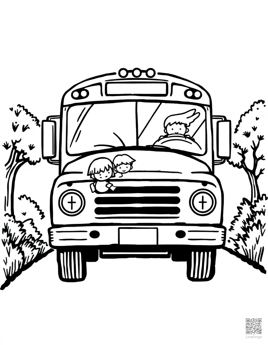 school bus picking up children coloring page Woodcut style - free printable