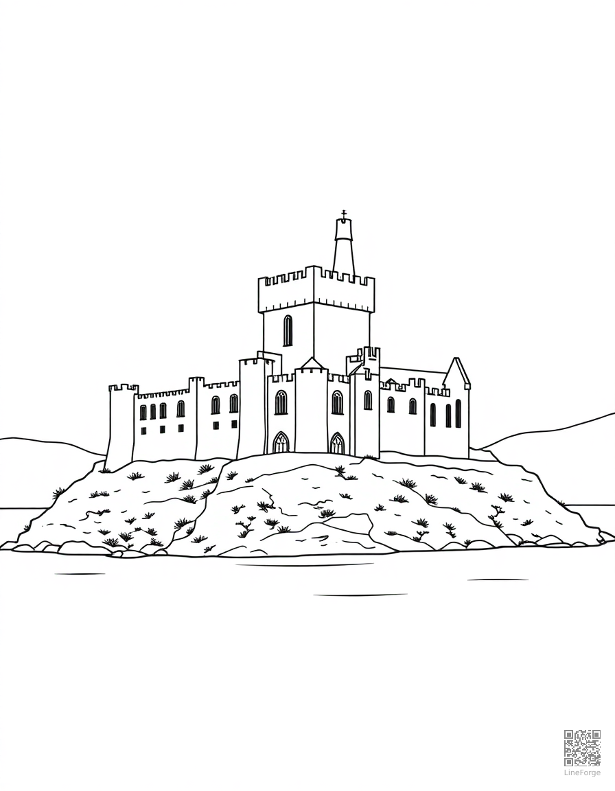 scottish highland castle by a loch coloring page Contour style - free printable