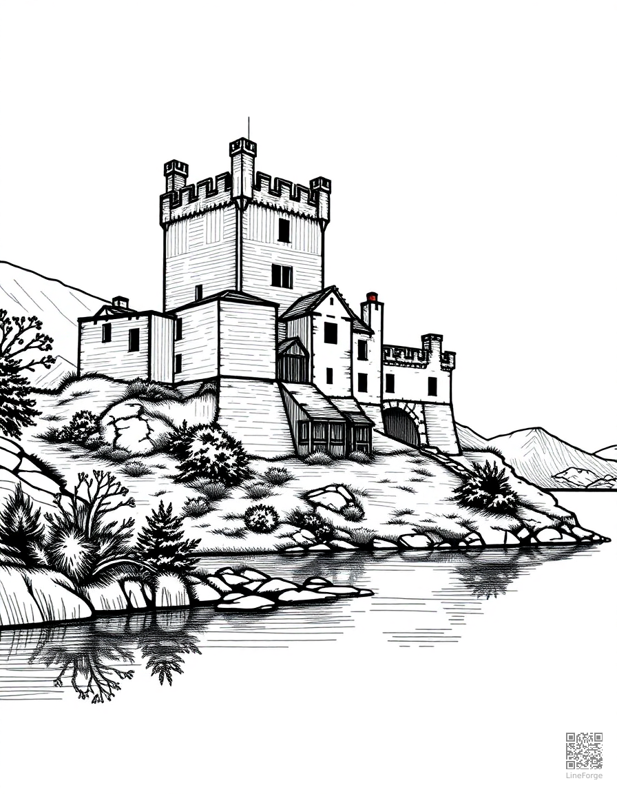 scottish highland castle by a loch coloring page Crosshatch style - free printable