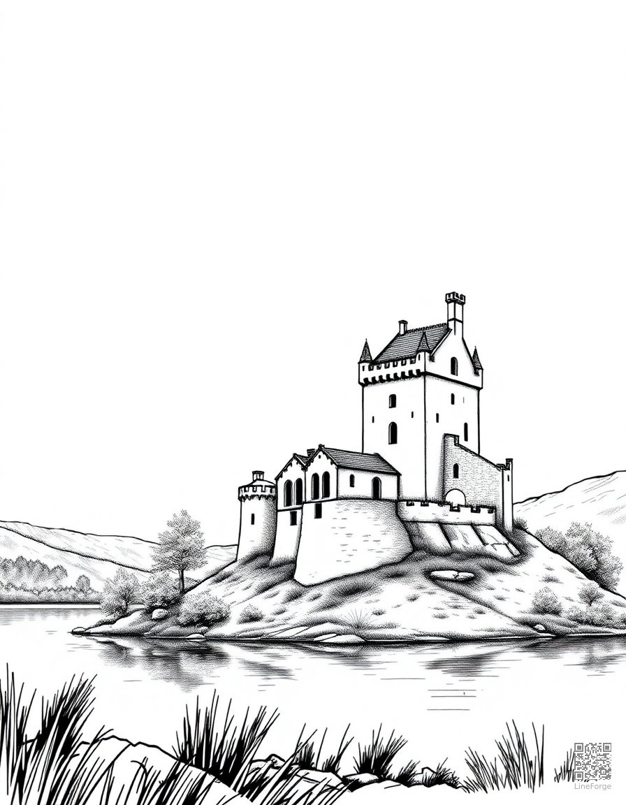 scottish highland castle by a loch coloring page Manga style - free printable