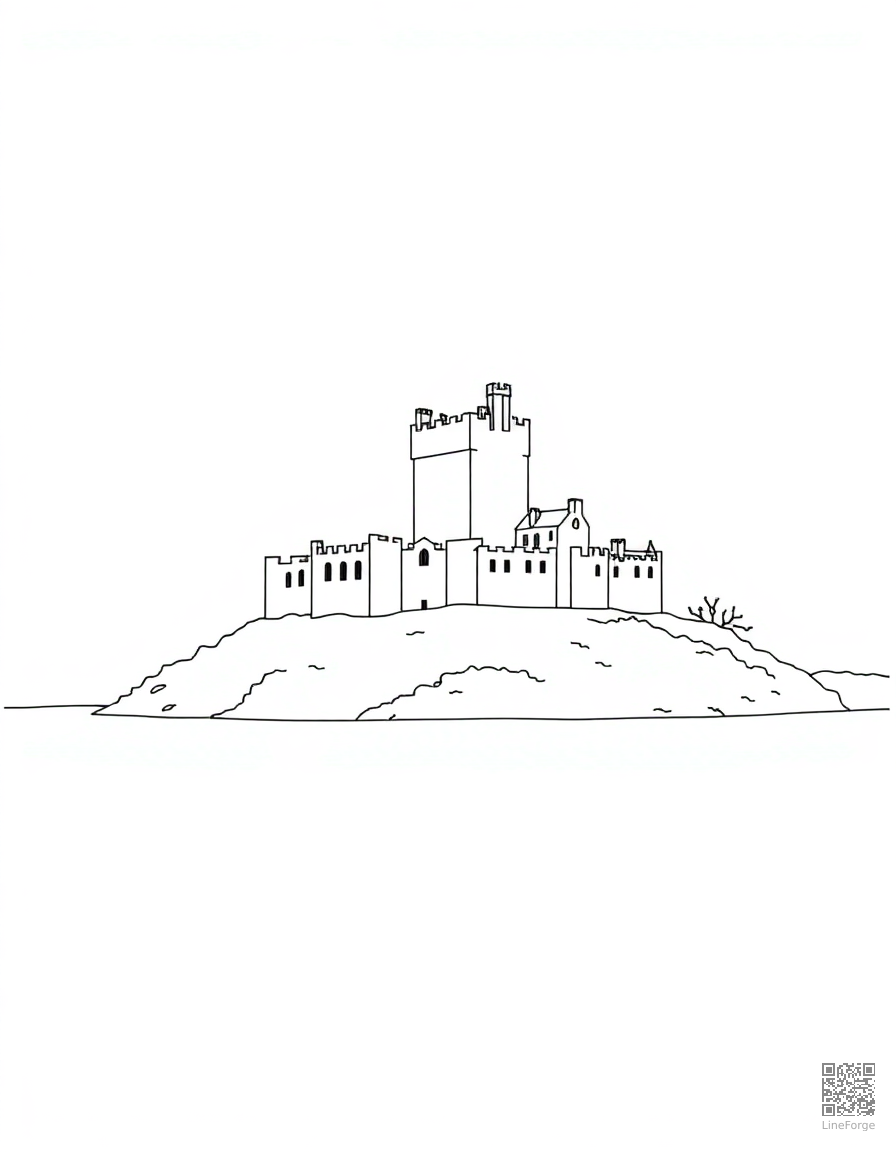 scottish highland castle by a loch coloring page Minimal style - free printable