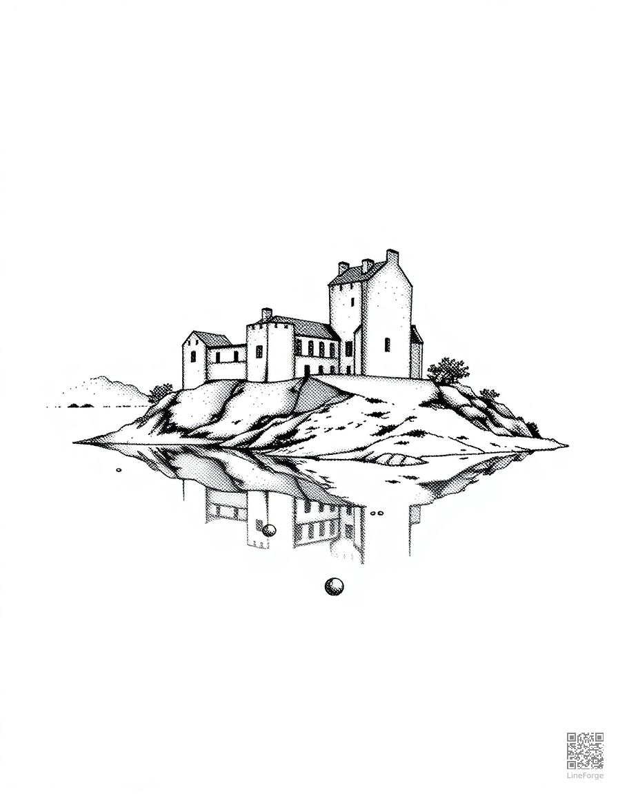 scottish highland castle by a loch coloring page Stipple style - free printable