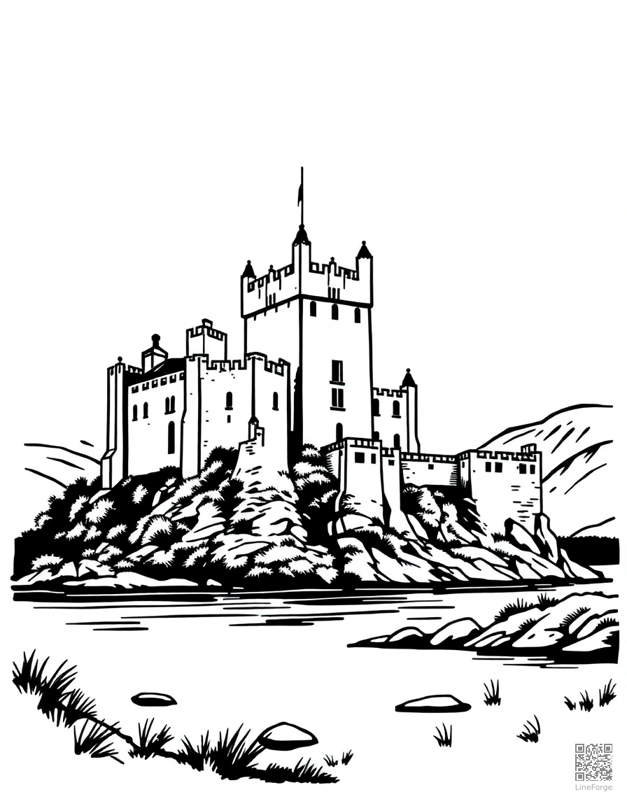 scottish highland castle by a loch coloring page Woodcut style - free printable