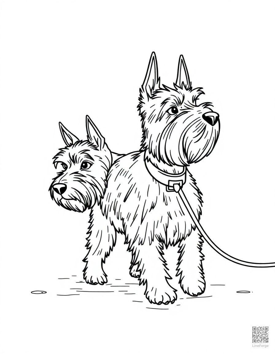 Free scottish terrier walking on a leash in the rain coloring page in contour style — printable line art