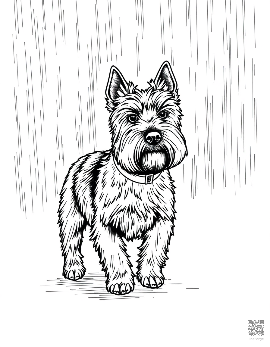 Free scottish terrier walking on a leash in the rain coloring page in crosshatch style — printable line art
