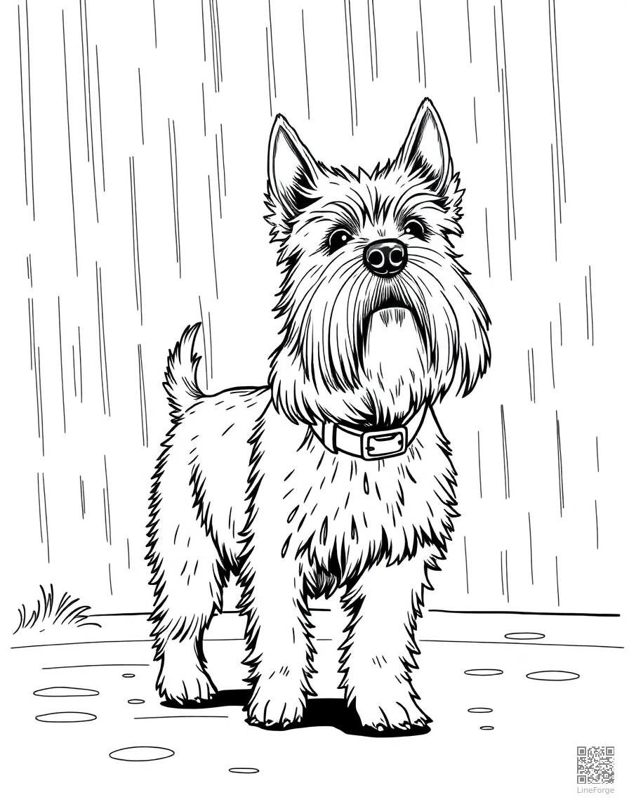 Free scottish terrier walking on a leash in the rain coloring page in manga style — printable line art