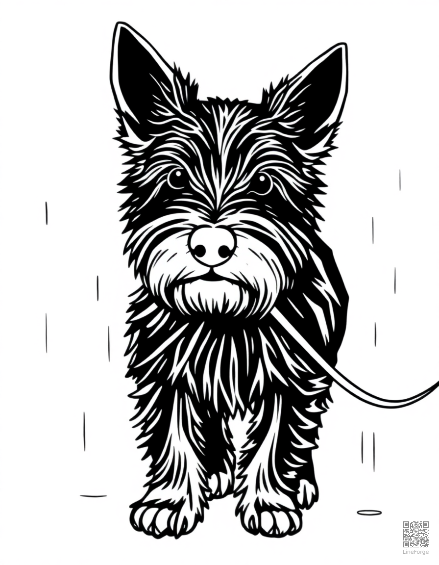 Free scottish terrier walking on a leash in the rain coloring page in minimal style — printable line art