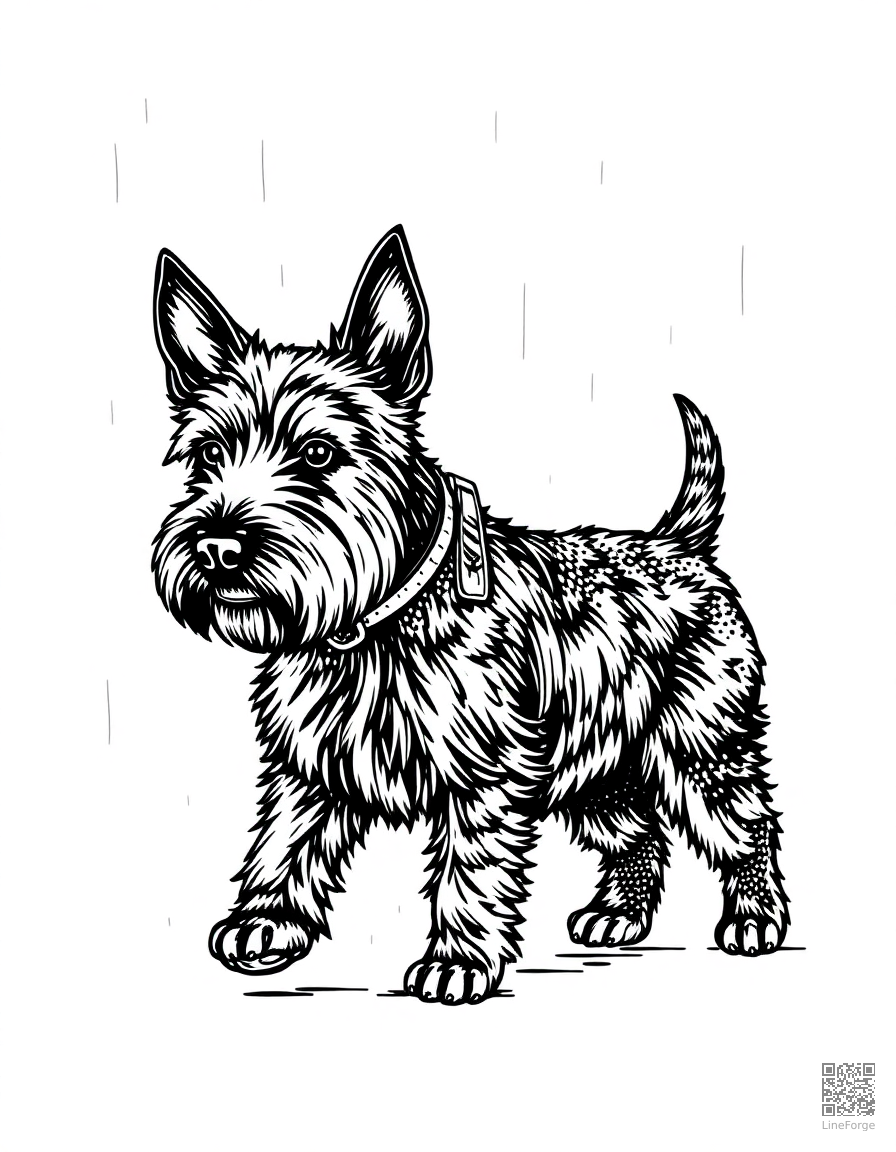Free scottish terrier walking on a leash in the rain coloring page in stipple style — printable line art