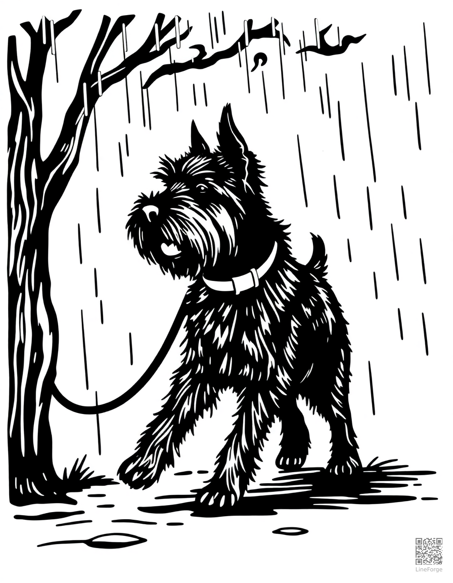 Free scottish terrier walking on a leash in the rain coloring page in woodcut style — printable line art