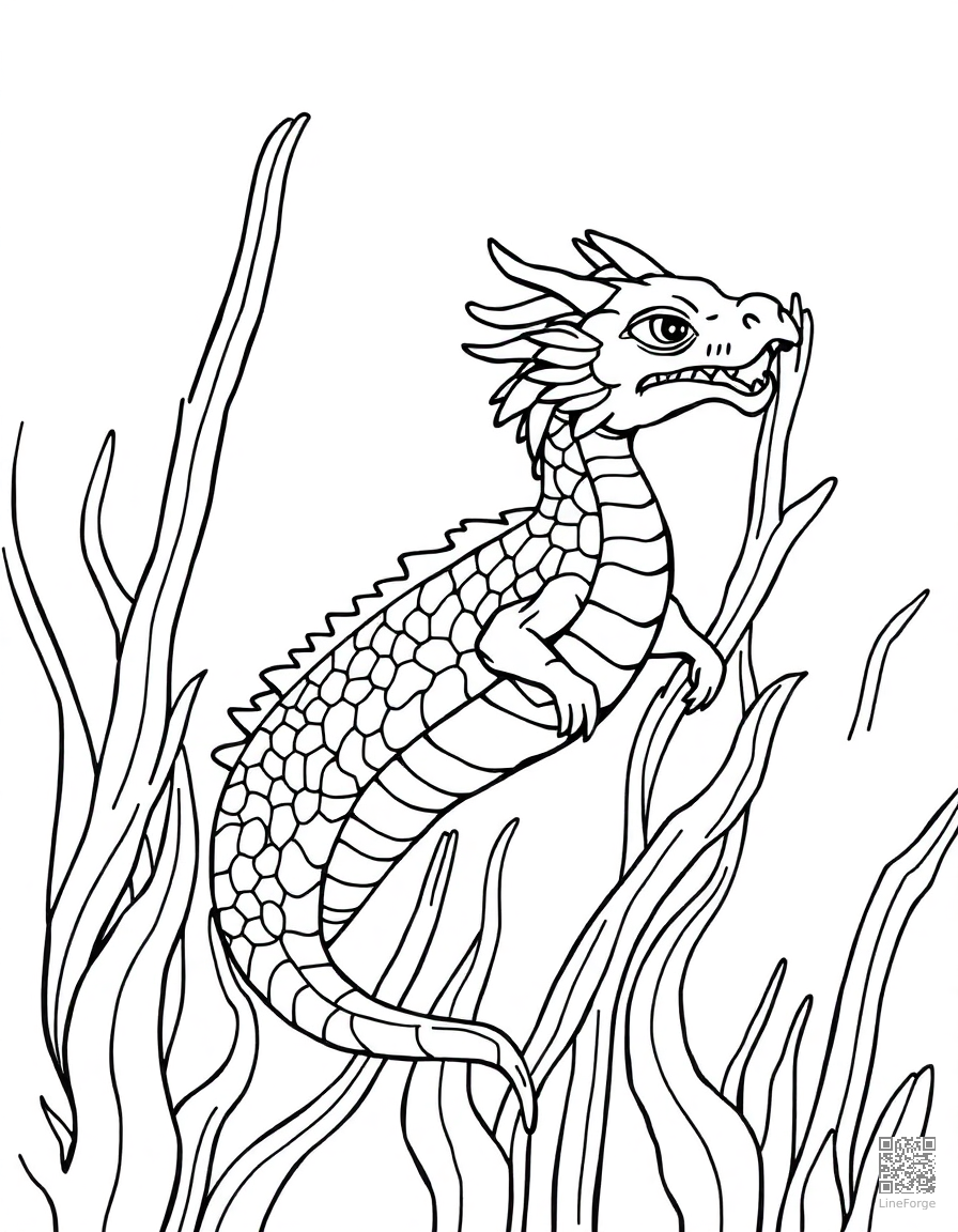 sea dragon floating among kelp coloring page Contour style - free printable