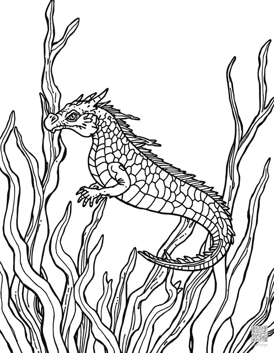 sea dragon floating among kelp coloring page Crosshatch style - free printable