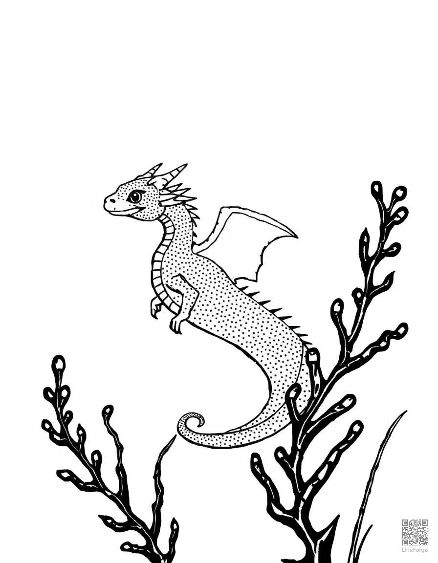 sea dragon floating among kelp coloring page Stipple style - free printable