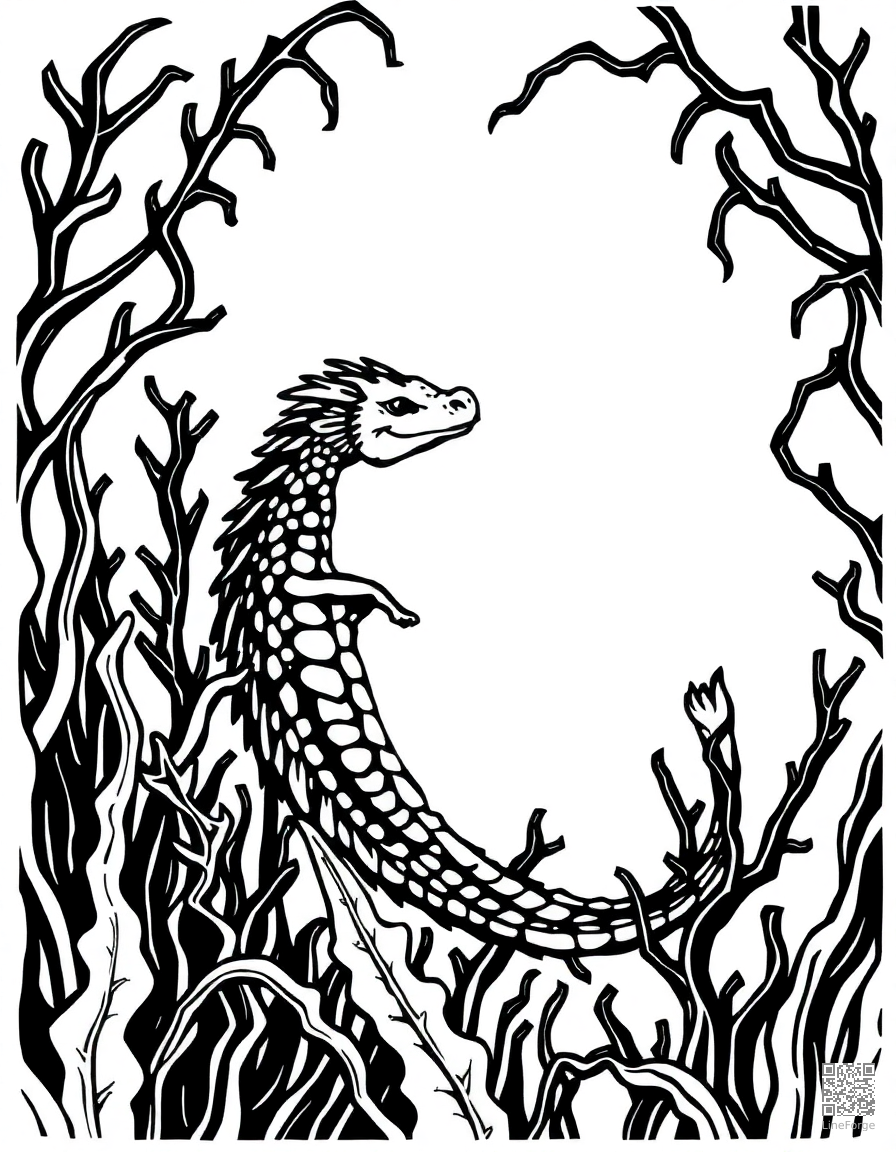sea dragon floating among kelp coloring page Woodcut style - free printable